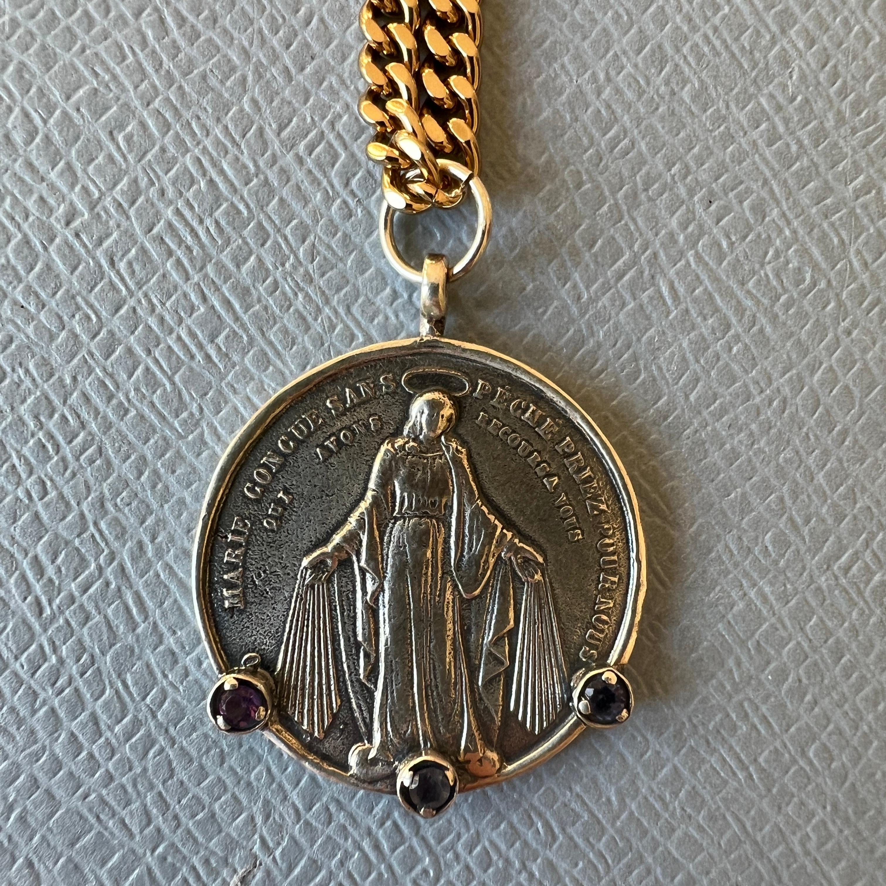 Tanzanite Medal Chain Necklace Virgin Mary Silver Gold Chain In New Condition For Sale In Los Angeles, CA