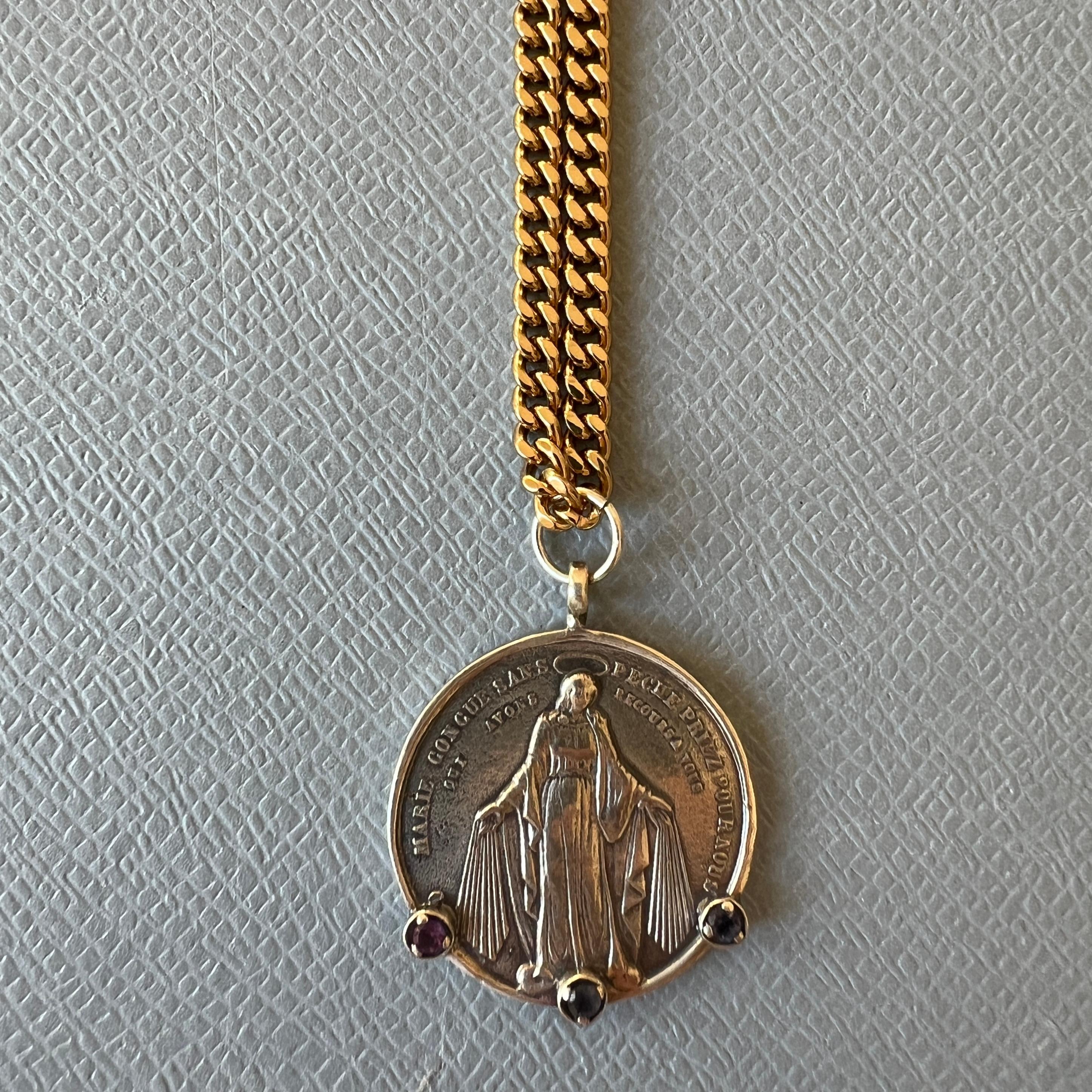 Women's or Men's Tanzanite Medal Chain Necklace Virgin Mary Silver Gold Chain For Sale