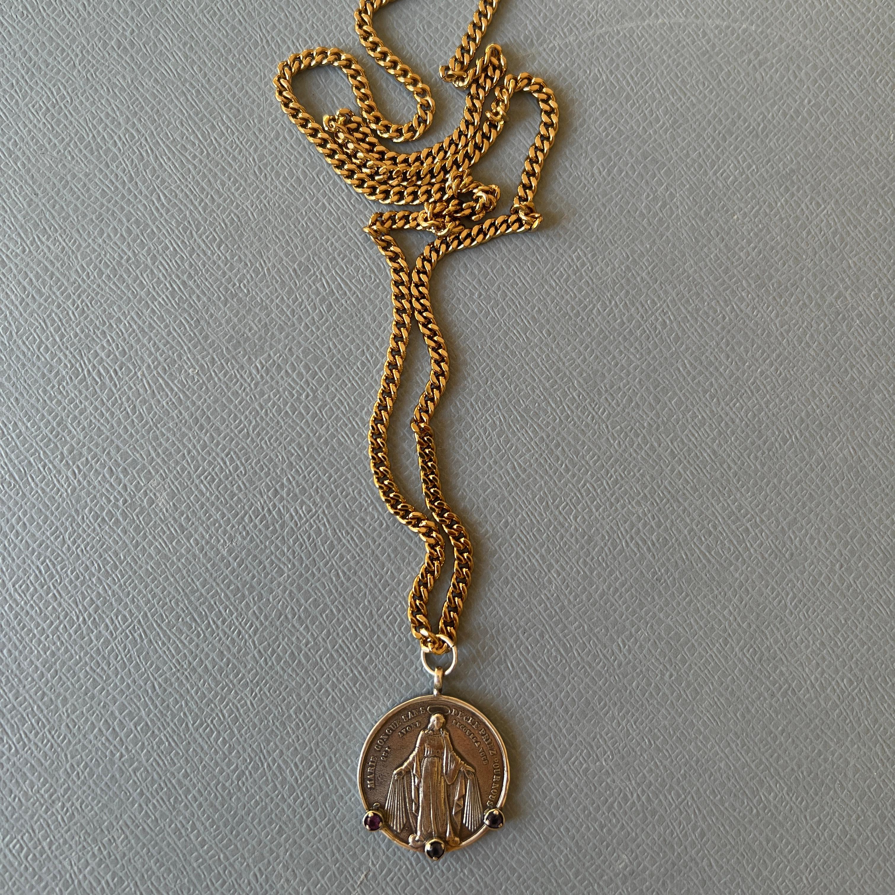Tanzanite Medal Chain Necklace Virgin Mary Silver Gold Chain For Sale 1