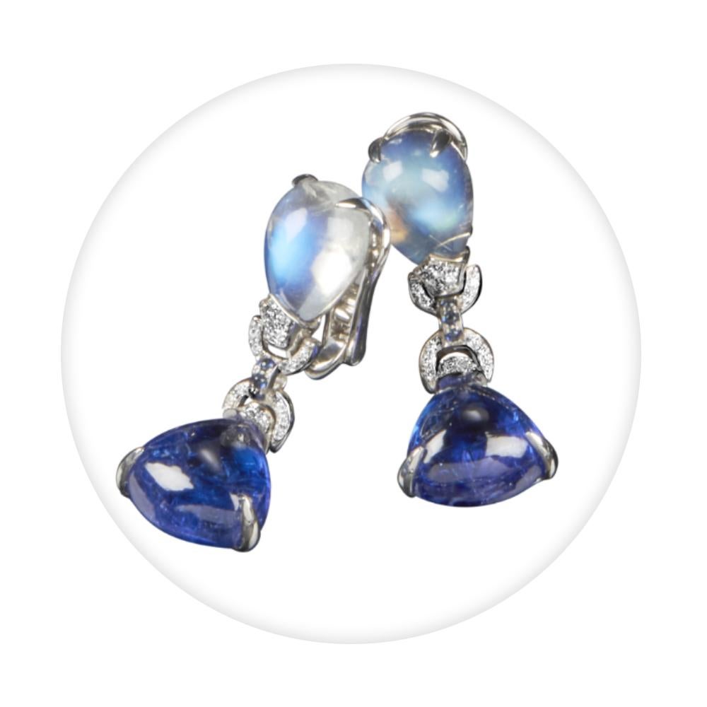 Contemporary Veschetti Tanzanite, Moon Stone, Sapphire and Diamond Earrings