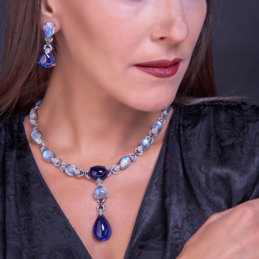 Veschetti Tanzanite, Moon Stone, Sapphire and Diamond Earrings In New Condition In Brescia, IT