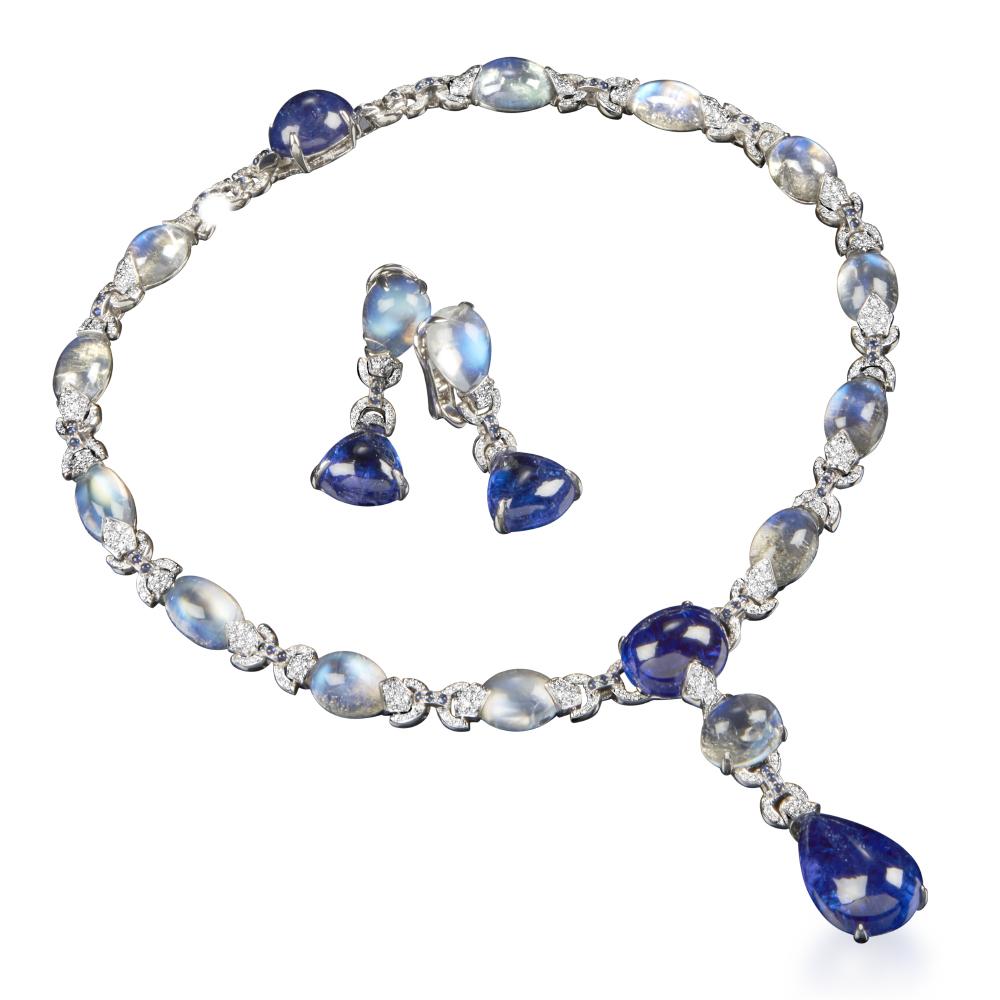 Cabochon Veschetti Tanzanite, Moon Stone, Sapphire and Diamond Necklace