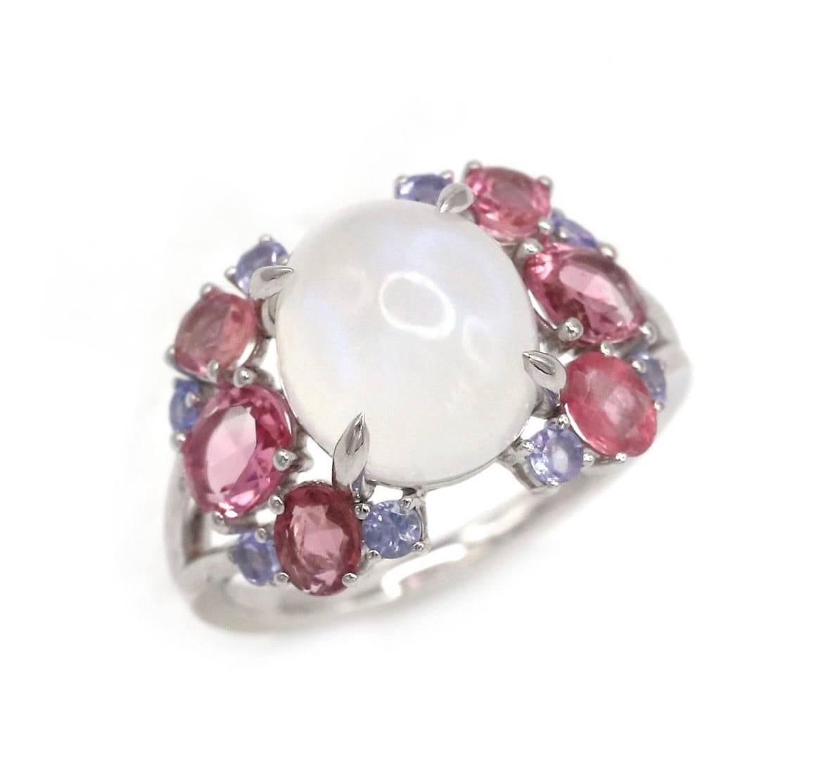 Tanzanite Morganite Moonstone 18K White Gold Exclusive Ring In New Condition For Sale In Montreux, CH