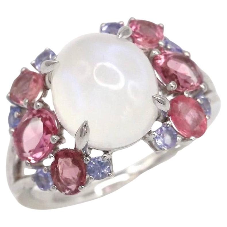 Tanzanite Morganite Moonstone 18K White Gold Exclusive Ring