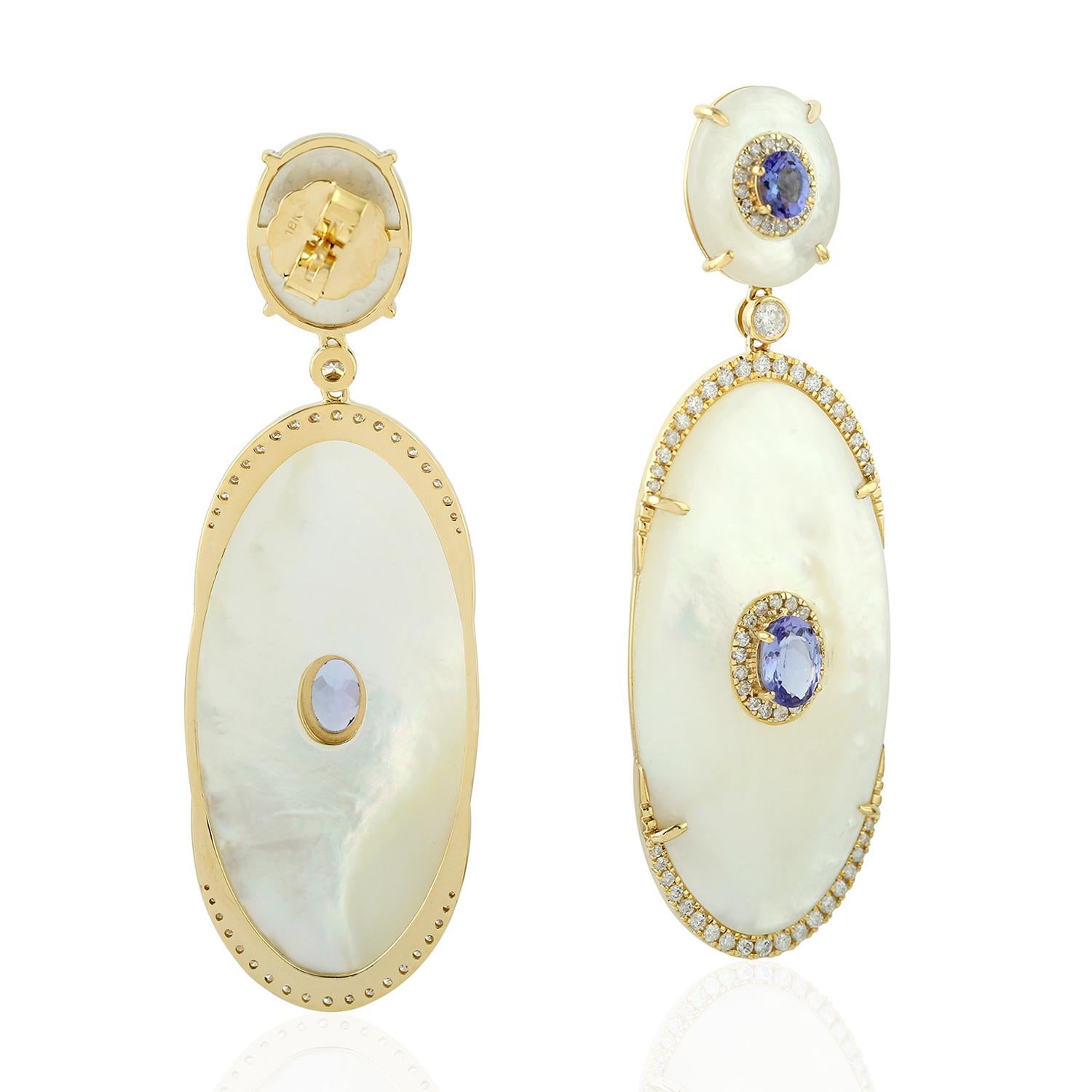 Modern Tanzanite Mother of Pearl Diamond 18 Karat Gold Earrings For Sale