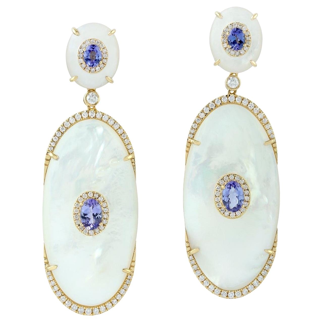 Tanzanite Mother of Pearl Diamond 18 Karat Gold Earrings For Sale