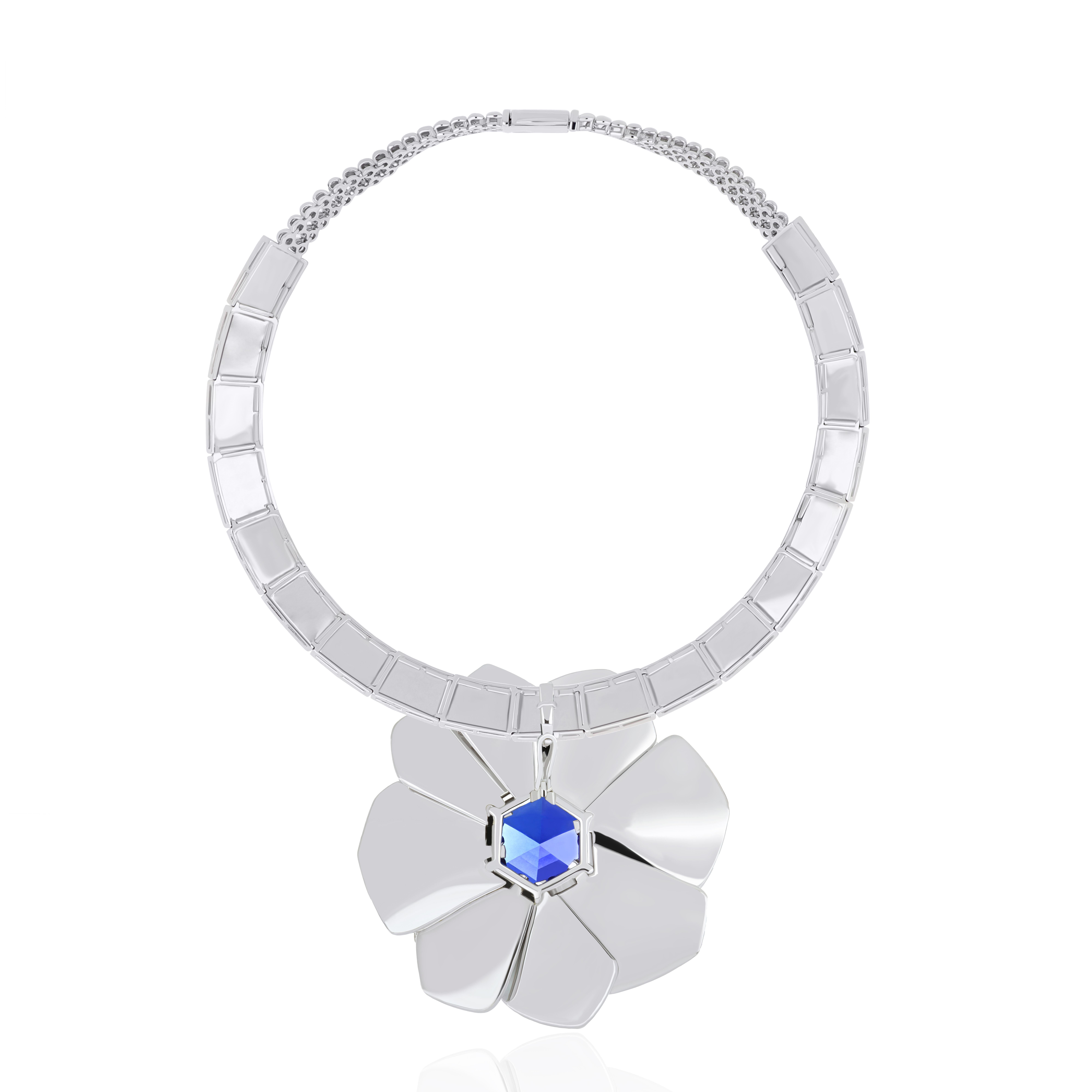 Tanzanite, Mother of Pearl & Diamond Necklace in18K White Gold Handmade Necklace In New Condition For Sale In JAIPUR, IN