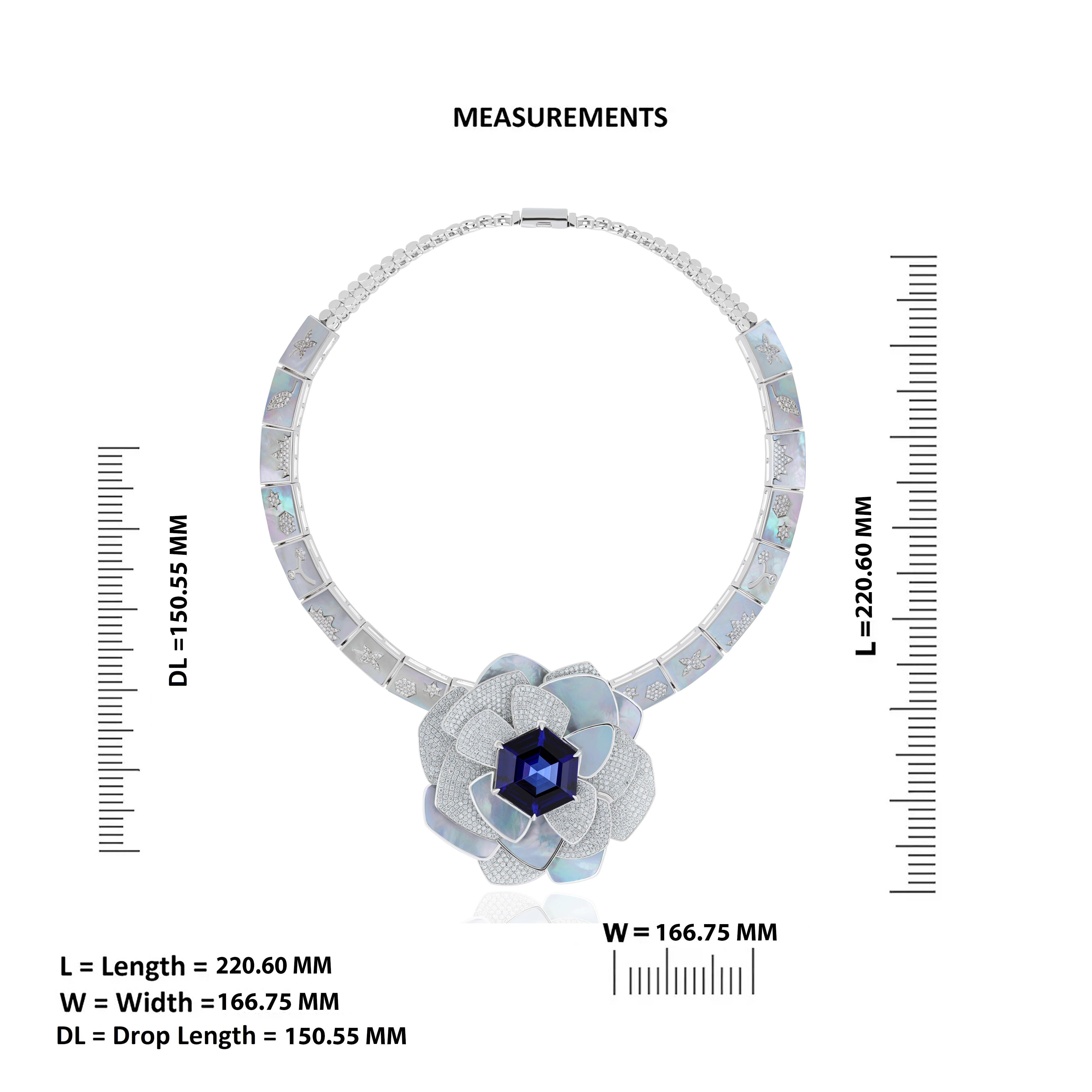 Women's Tanzanite, Mother of Pearl & Diamond Necklace in18K White Gold Handmade Necklace For Sale