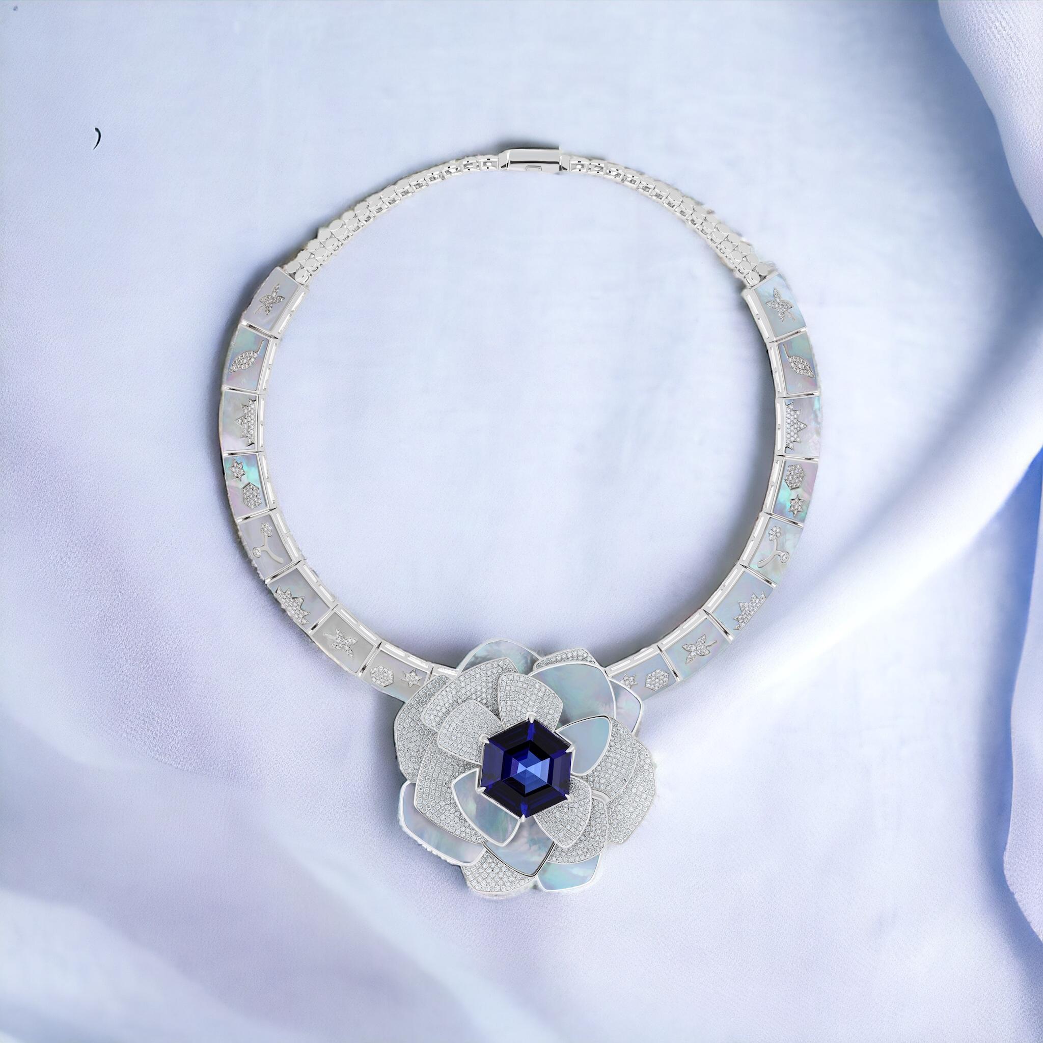 Tanzanite, Mother of Pearl & Diamond Necklace in18K White Gold Handmade Necklace For Sale 1