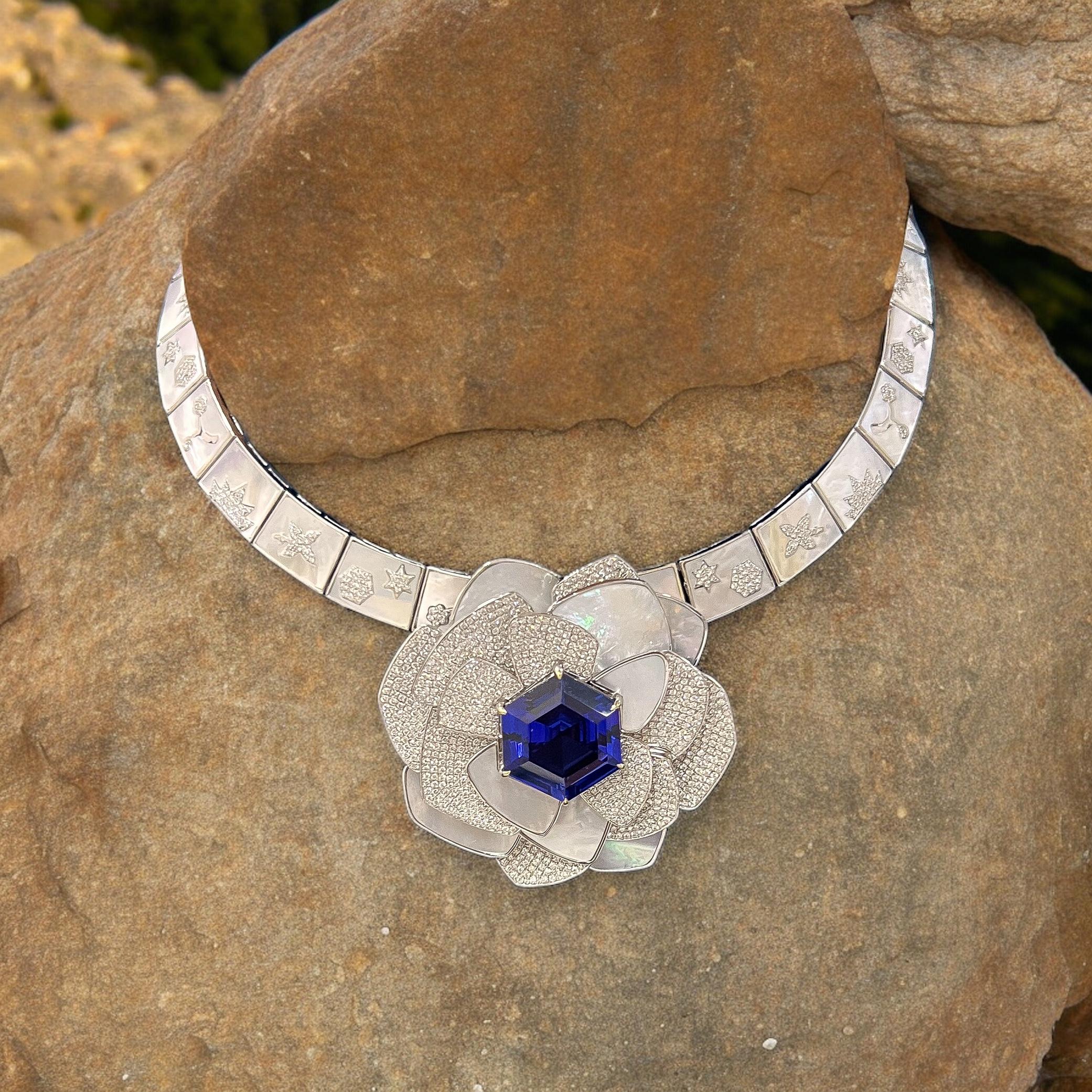 Tanzanite, Mother of Pearl & Diamond Necklace in18K White Gold Handmade Necklace For Sale 2