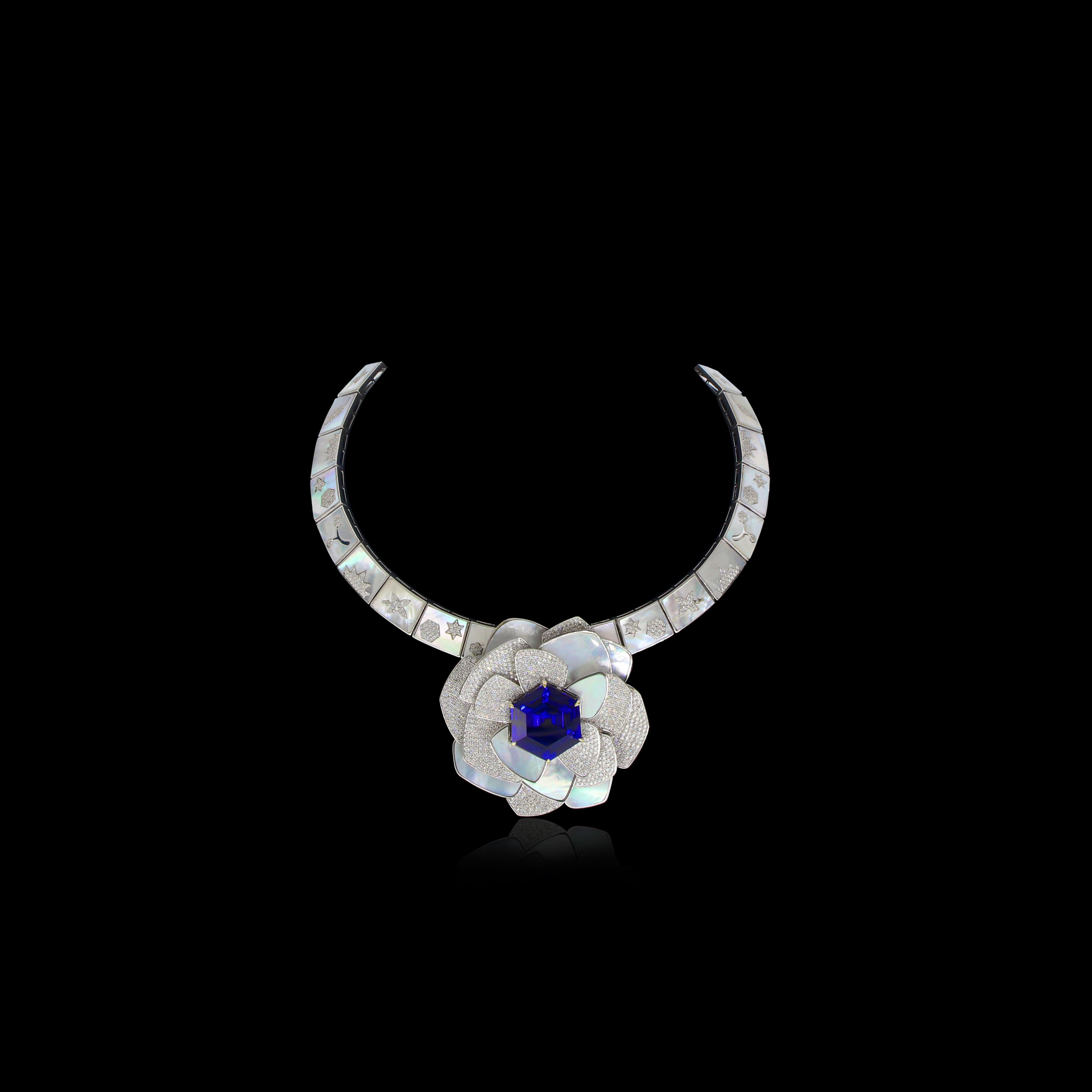 Tanzanite, Mother of Pearl & Diamond Necklace in18K White Gold Handmade Necklace For Sale 4