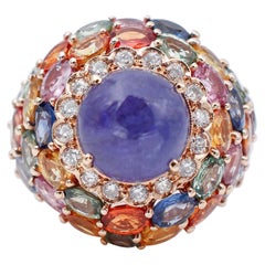 Tanzanite, Multicolor Sapphires, Diamonds, 14 Karat Rose Gold Cluster Ring