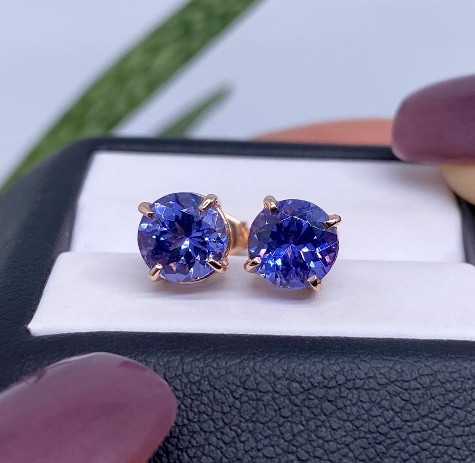 Tanzanite natural gemstone Stud Earrings, 14 Karat Rose Gold, certified For Sale 2