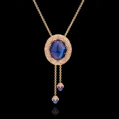 Tanzanite Necklace, 18k Rose Gold, Cabochon Cut Tanzanite 73ct, 332 Sapphires