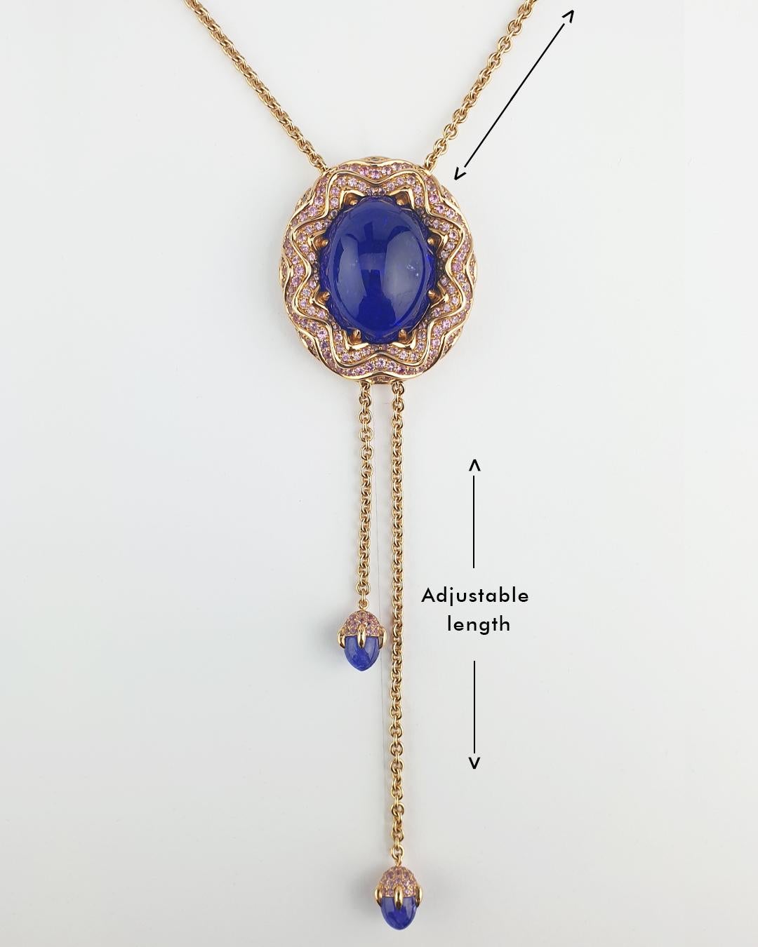 Modern Tanzanite Necklace, 18k Rose Gold, Cabochon Cut Tanzanite 73ct, 332 Sapphires For Sale