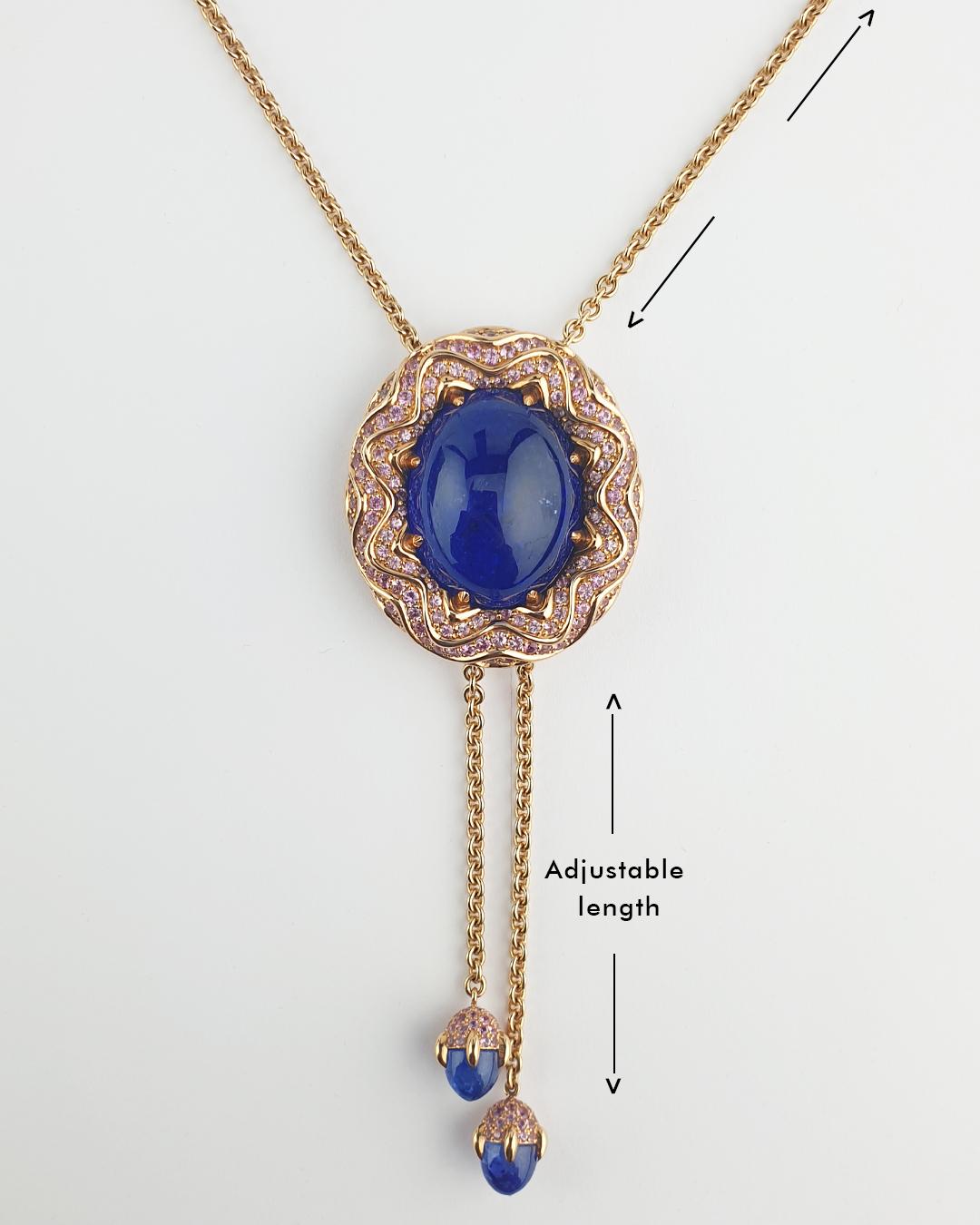Women's or Men's Tanzanite Necklace, 18k Rose Gold, Cabochon Cut Tanzanite 73ct, 332 Sapphires For Sale