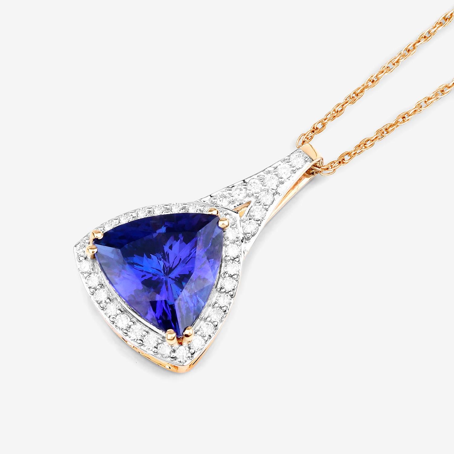 Trillion Cut Tanzanite Necklace With Diamond Halo 2.64 Carats 14K Yellow Gold For Sale