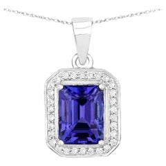 Tanzanite Necklace With Diamond Halo 2.80 Carats 14K White Gold