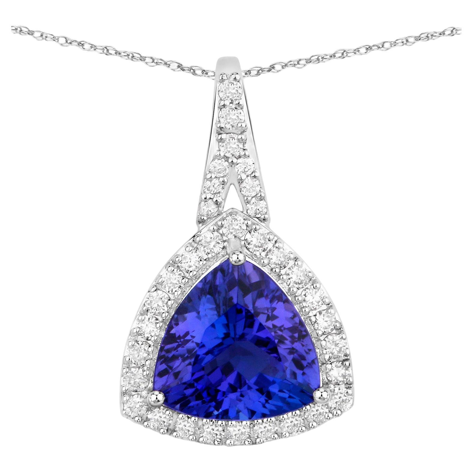 Tanzanite Necklace With Diamond Halo 2.84 Carats 14K White Gold For Sale