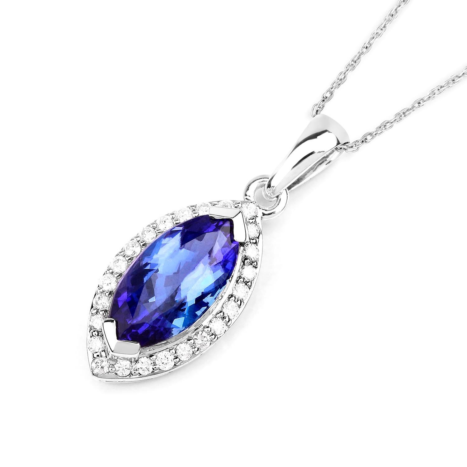 Marquise Cut Tanzanite Necklace With Diamonds 2.07 Carats 14K White Gold For Sale