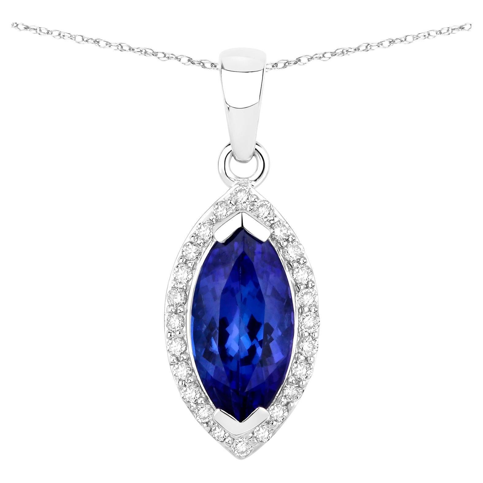 Tanzanite Necklace With Diamonds 2.07 Carats 14K White Gold For Sale