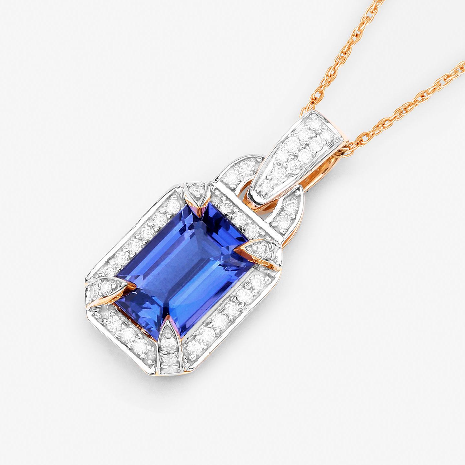 Emerald Cut Tanzanite Necklace With Diamonds 2.09 Carats 14K Yellow Gold For Sale