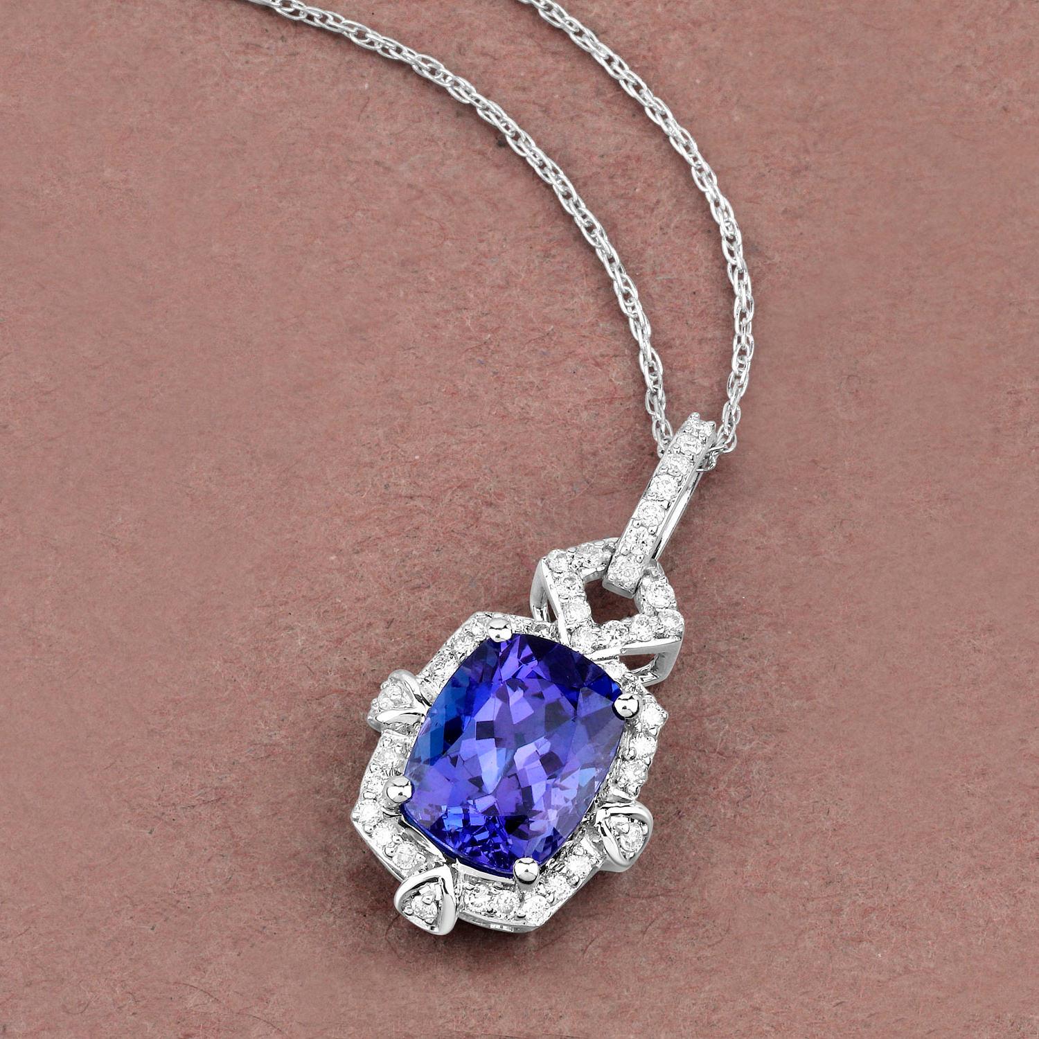 Radiant Cut Tanzanite Necklace With Diamonds 2.74 Carats 14K White Gold For Sale
