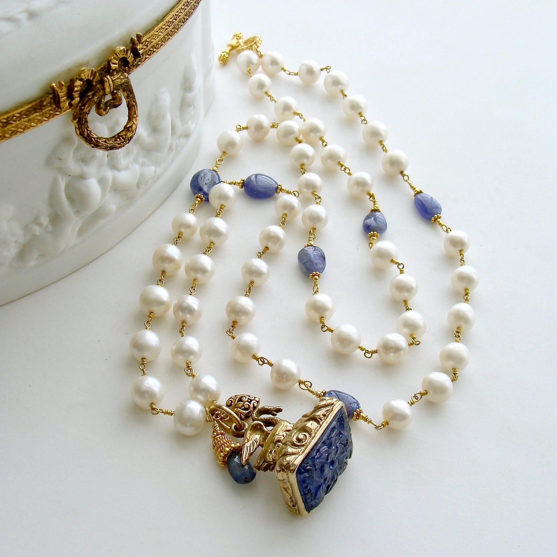 Tanzanite Nuggets and Freshwater Pearls Hand-Carved Tanzanite Swan Fob Necklace 1