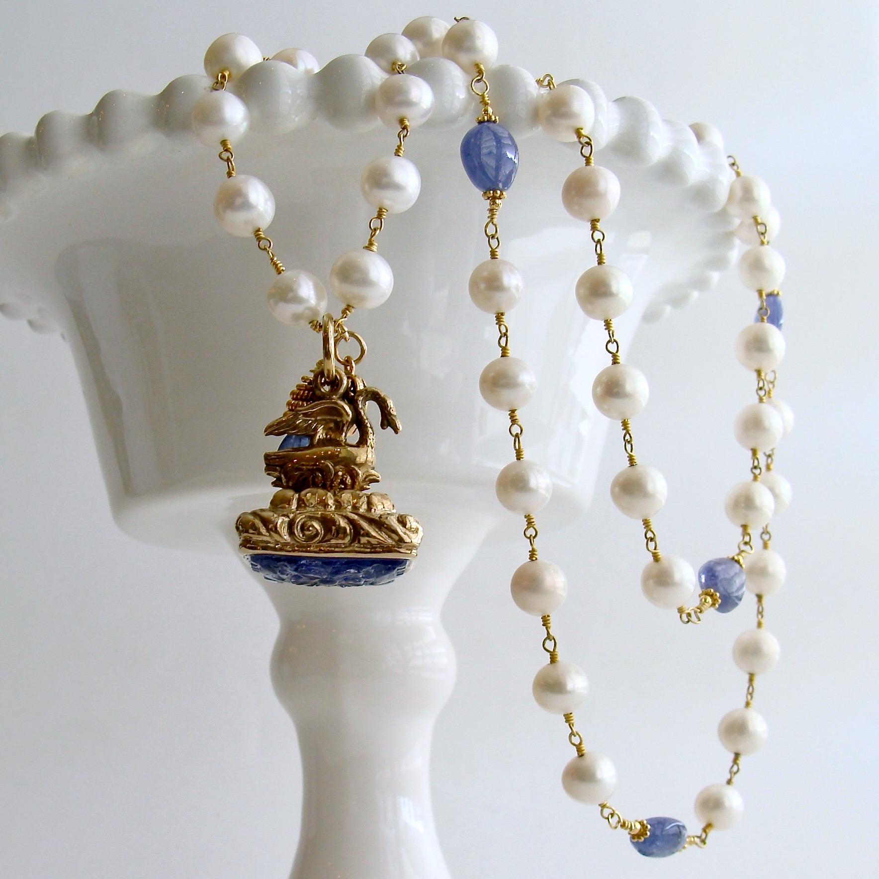 Tanzanite Nuggets and Freshwater Pearls Hand-Carved Tanzanite Swan Fob Necklace 2