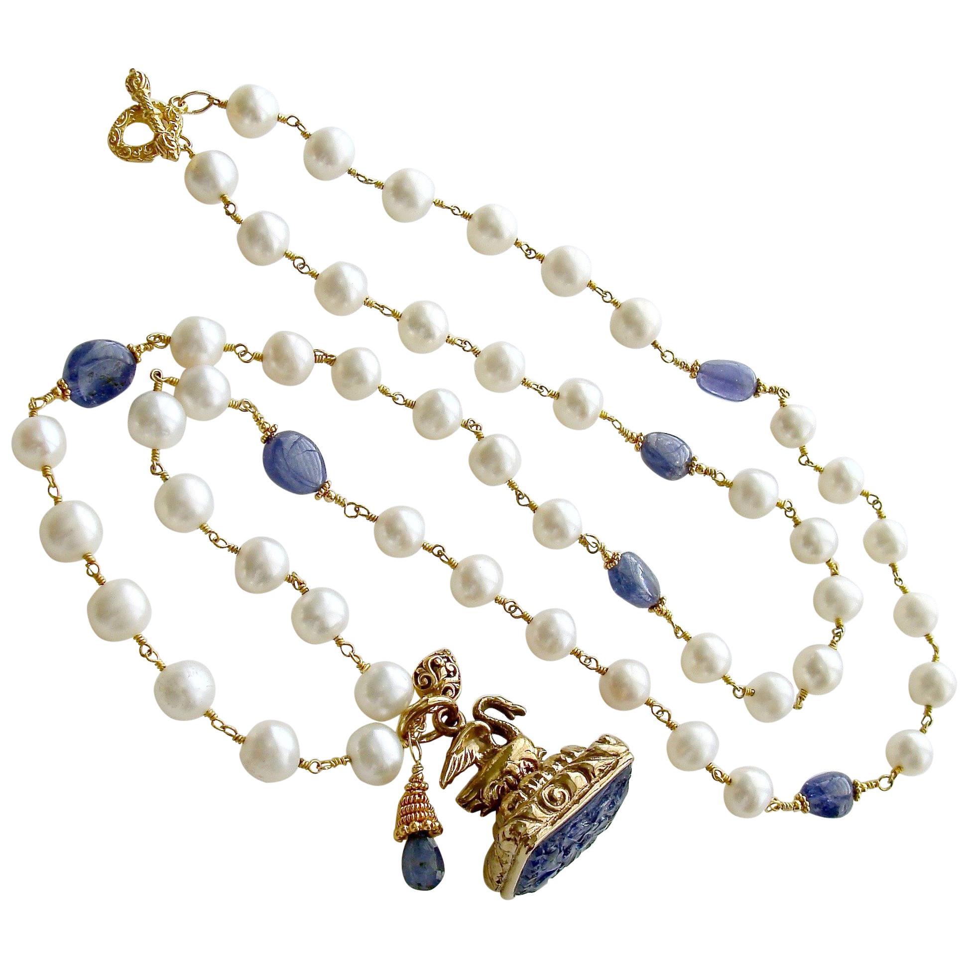Tanzanite Nuggets and Freshwater Pearls Hand-Carved Tanzanite Swan Fob Necklace