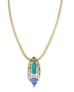 Tanzanite, Opal and Diamond Marquise Shaped Pendant Necklace in Two-Tone Gold