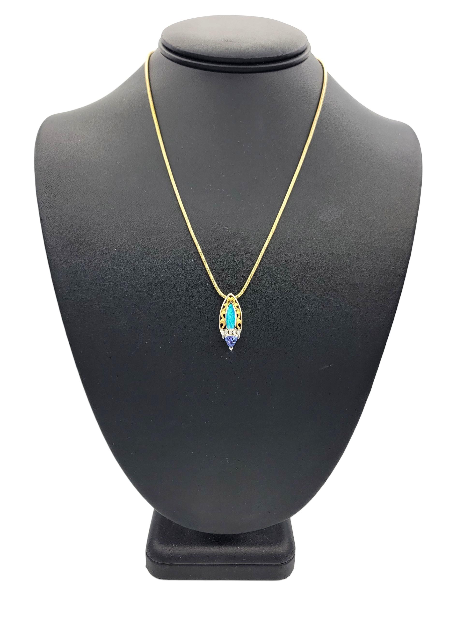 Marquise Anhänger-Halskette aus zweifarbigem Gold mit Tansanit, Opal und Diamant im Angebot 2