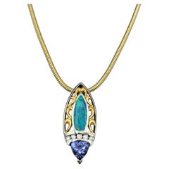 Marquise Anhänger-Halskette aus zweifarbigem Gold mit Tansanit, Opal und Diamant