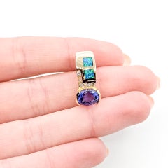 Tanzanite, Opal and Diamond Slide Pendant in 14k Yellow Gold