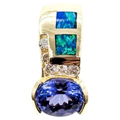 Tanzanite, Opal and Diamond Slide Pendant in 14k Yellow Gold