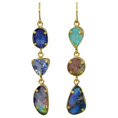 Tanzanite, Opal and Tourmaline Multi-Gemstone 22 Karat Gold Dangle Earrings