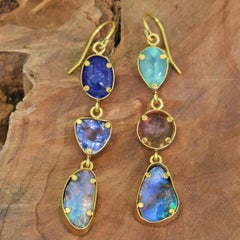 Tanzanite, Opal and Tourmaline Multi-Gemstone 22 Karat Gold Dangle Earrings