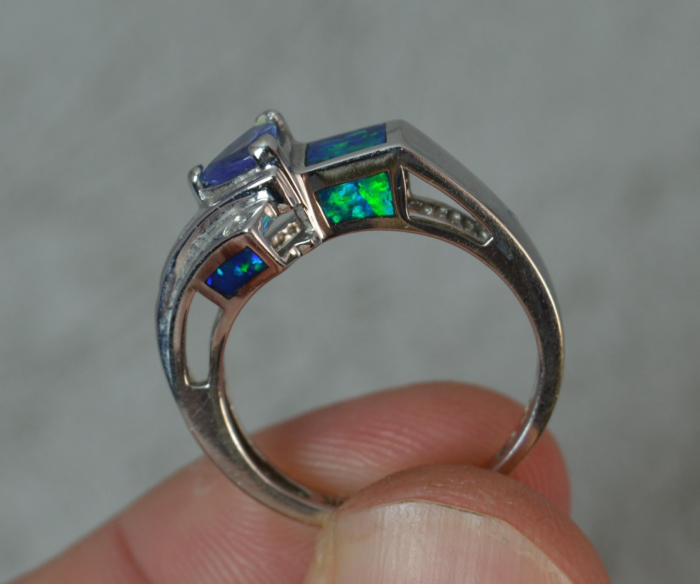 Tanzanite Opal Diamond 14 Carat White Gold Cluster Ring In Excellent Condition In St Helens, GB