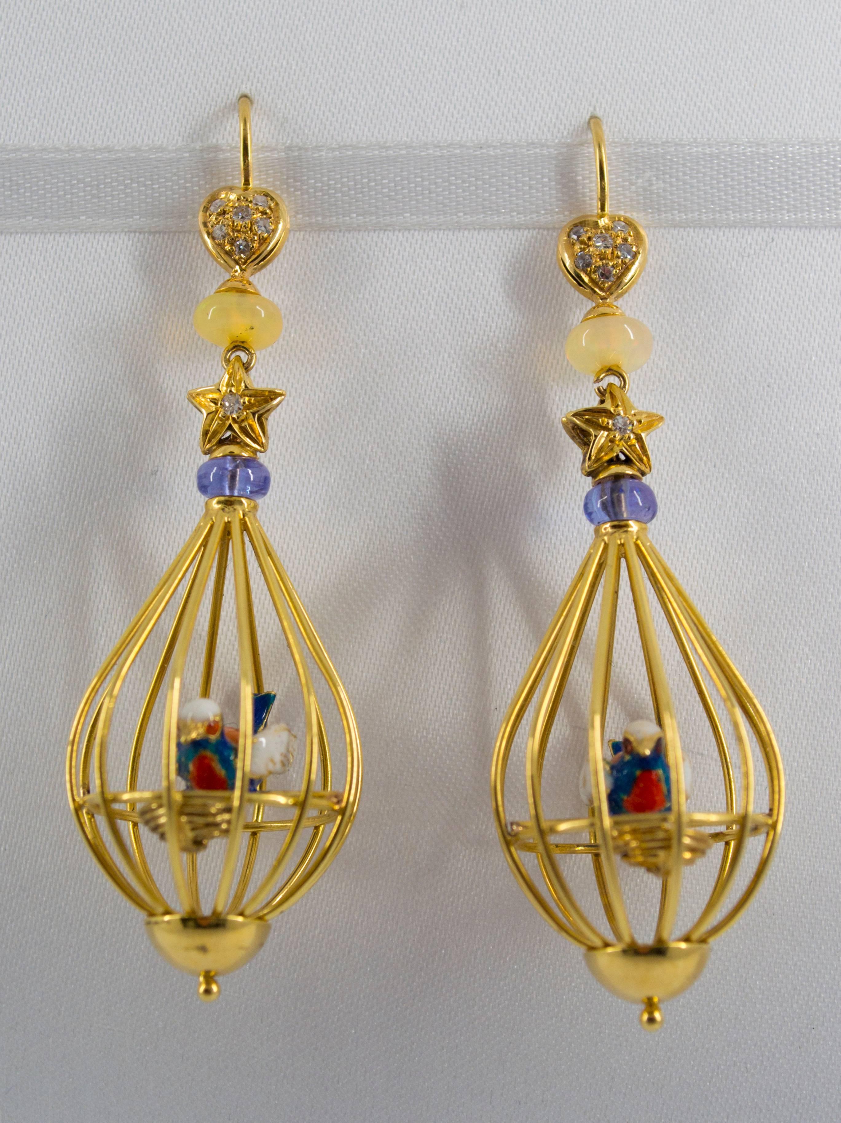 This is one of Luigi Ferrara's masterpieces: the Bird Cage Earrings.
The earrings are made of 9K yellow gold and they have Tanzanite, Opal and 0.20 Carats of Diamonds.
Birds are made of enamel.
We're a workshop so every piece is handmade,