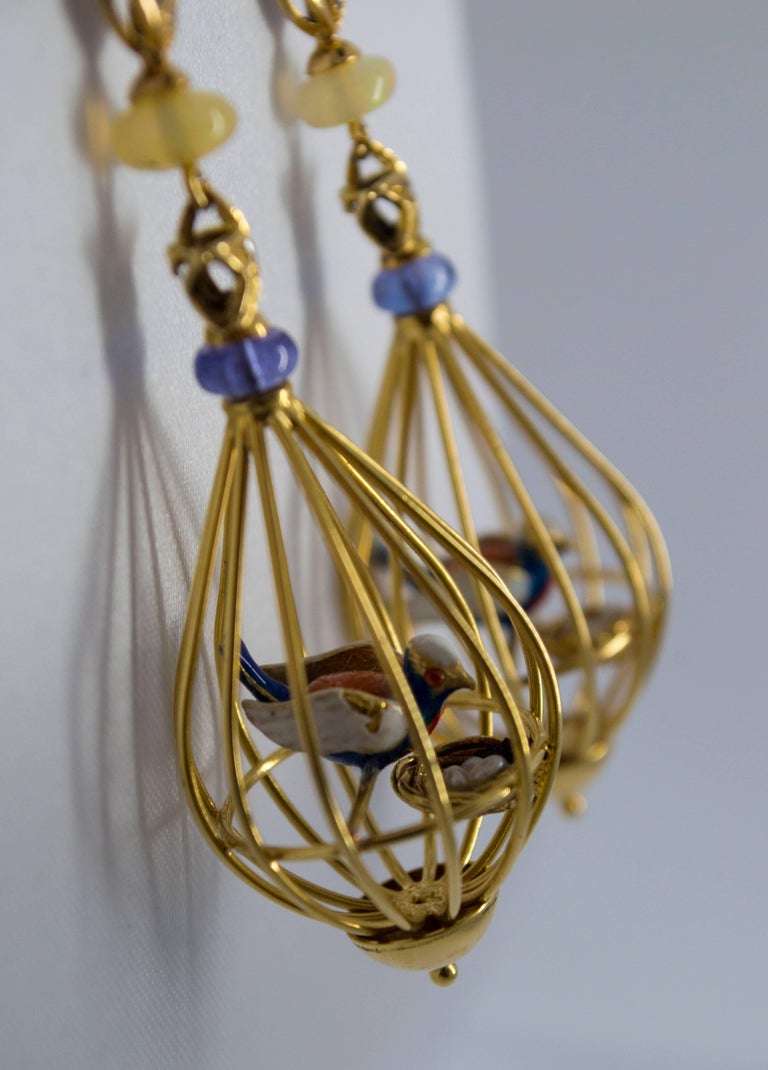 Tanzanite Opal Diamond Yellow Gold Bird Cage Earrings at 1stDibs