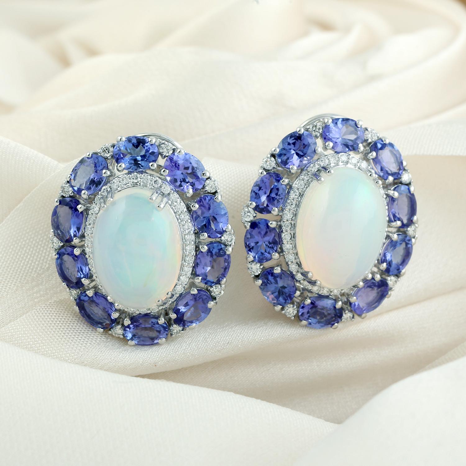Contemporary Tanzanite & Opal Earrings With Diamonds Made In 18k Gold For Sale