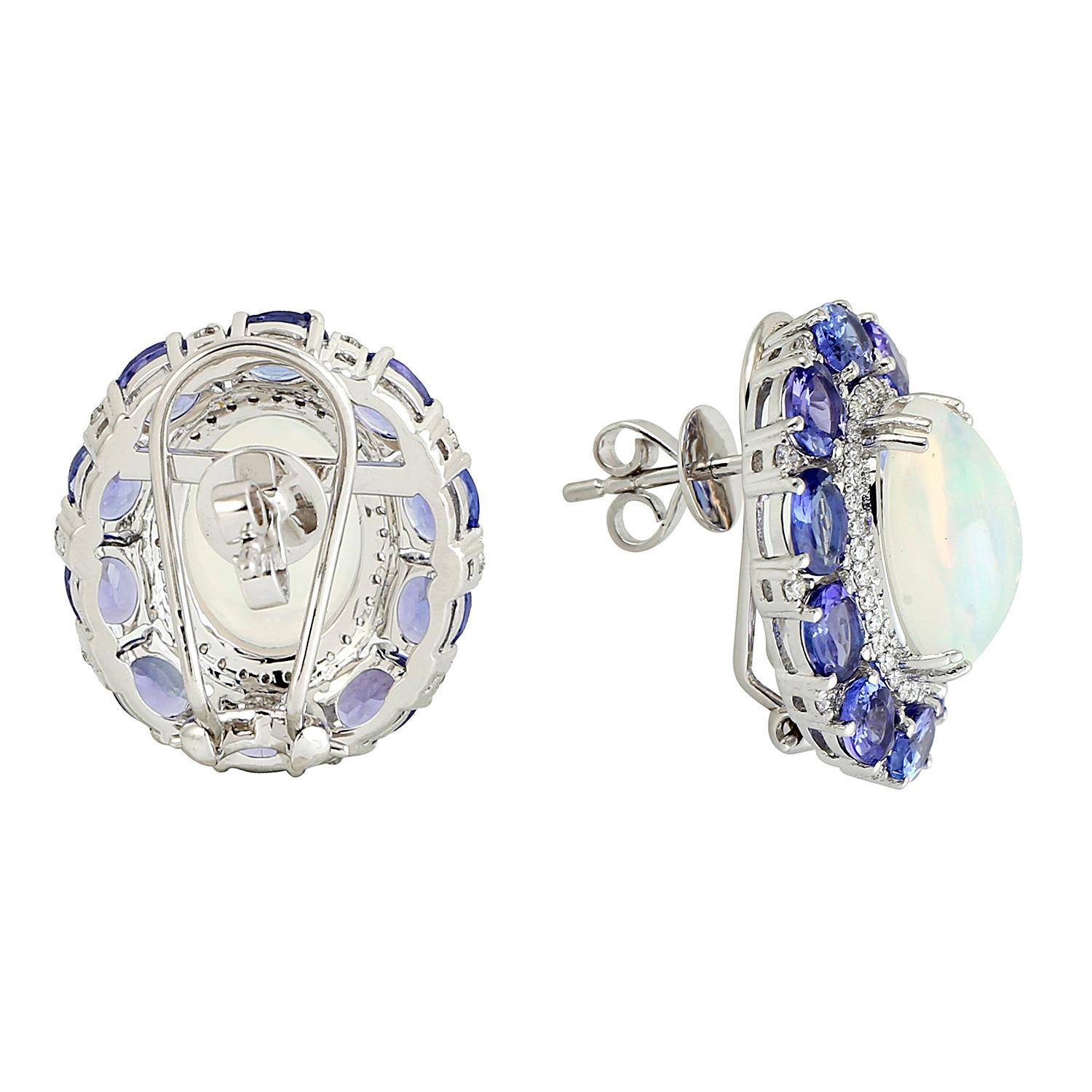 Mixed Cut Tanzanite & Opal Earrings With Diamonds Made In 18k Gold For Sale