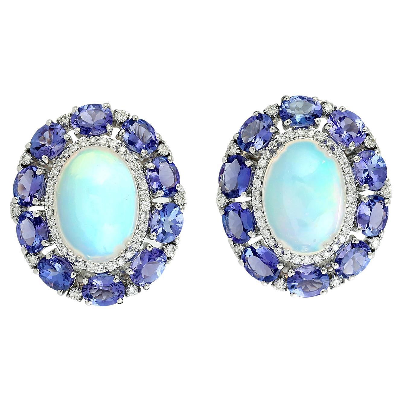 Tanzanite & Opal Earrings With Diamonds Made In 18k Gold