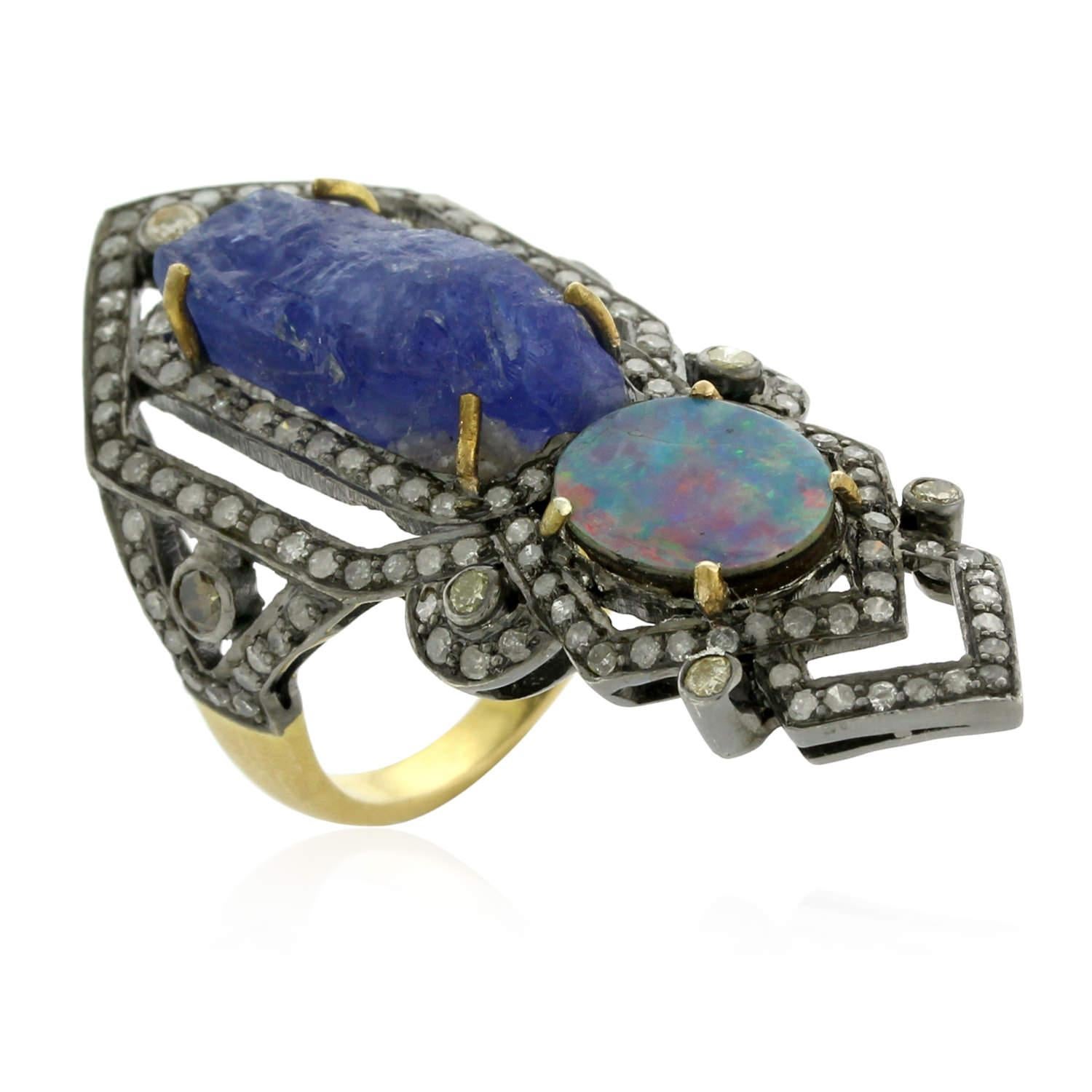 Tansanit & mehrfarbiger Opal-Knuckle-Ring mit Pavé-Diamanten aus 18 Karat Gold und Silber (Gemischter Schliff) im Angebot