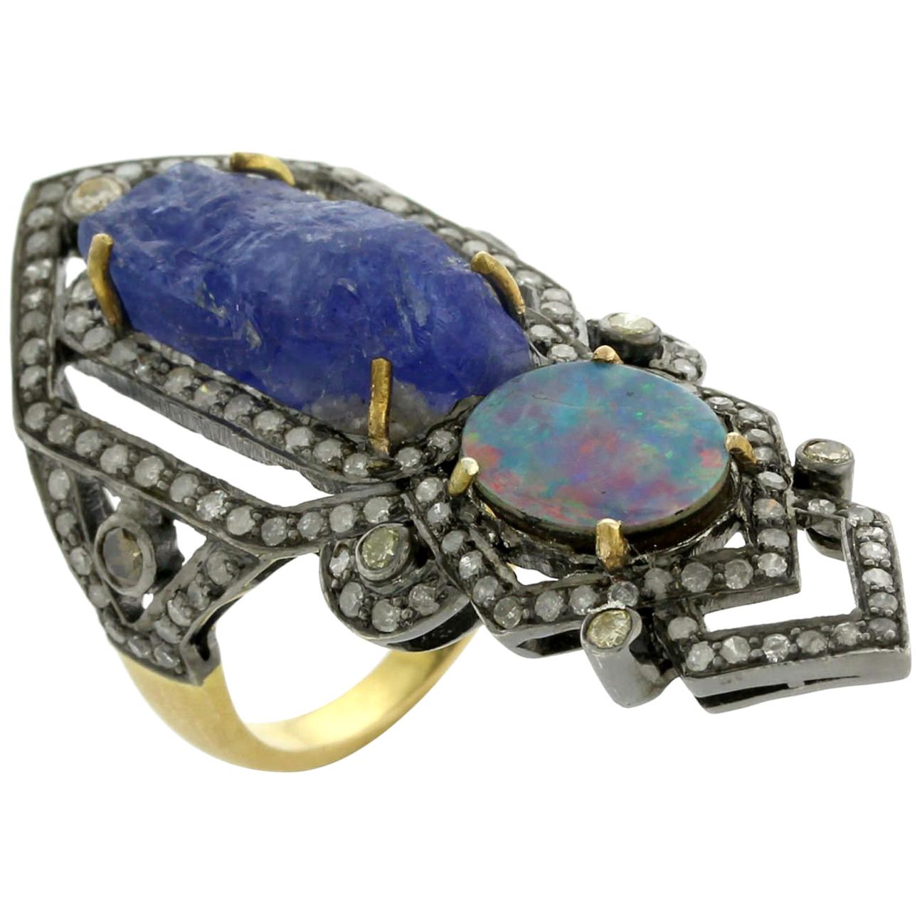 Tansanit & mehrfarbiger Opal-Knuckle-Ring mit Pavé-Diamanten aus 18 Karat Gold und Silber