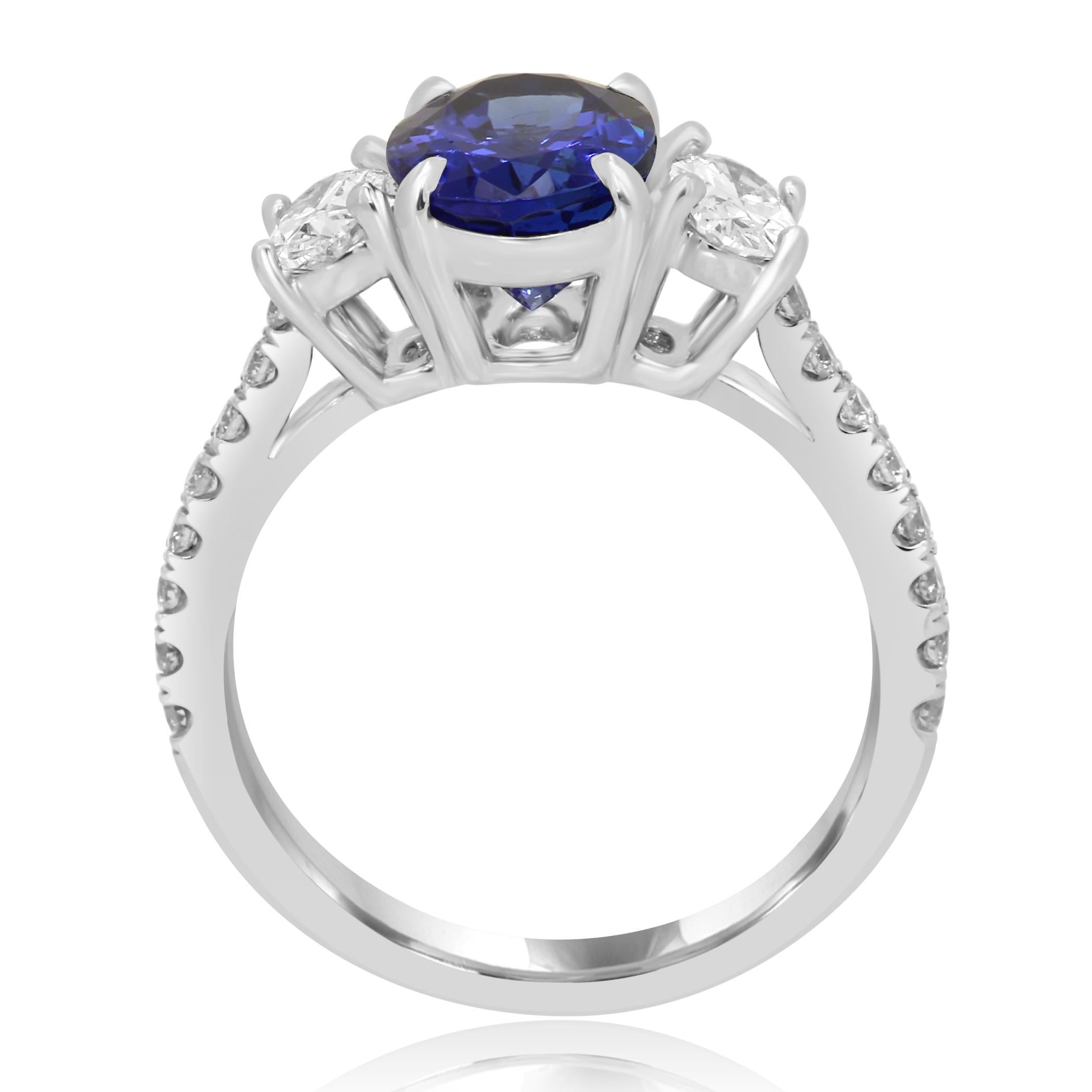 Tanzanite Oval 2.44 Carat Diamond Three-Stone Bridal Cocktail Gold Ring In New Condition In NEW YORK, NY