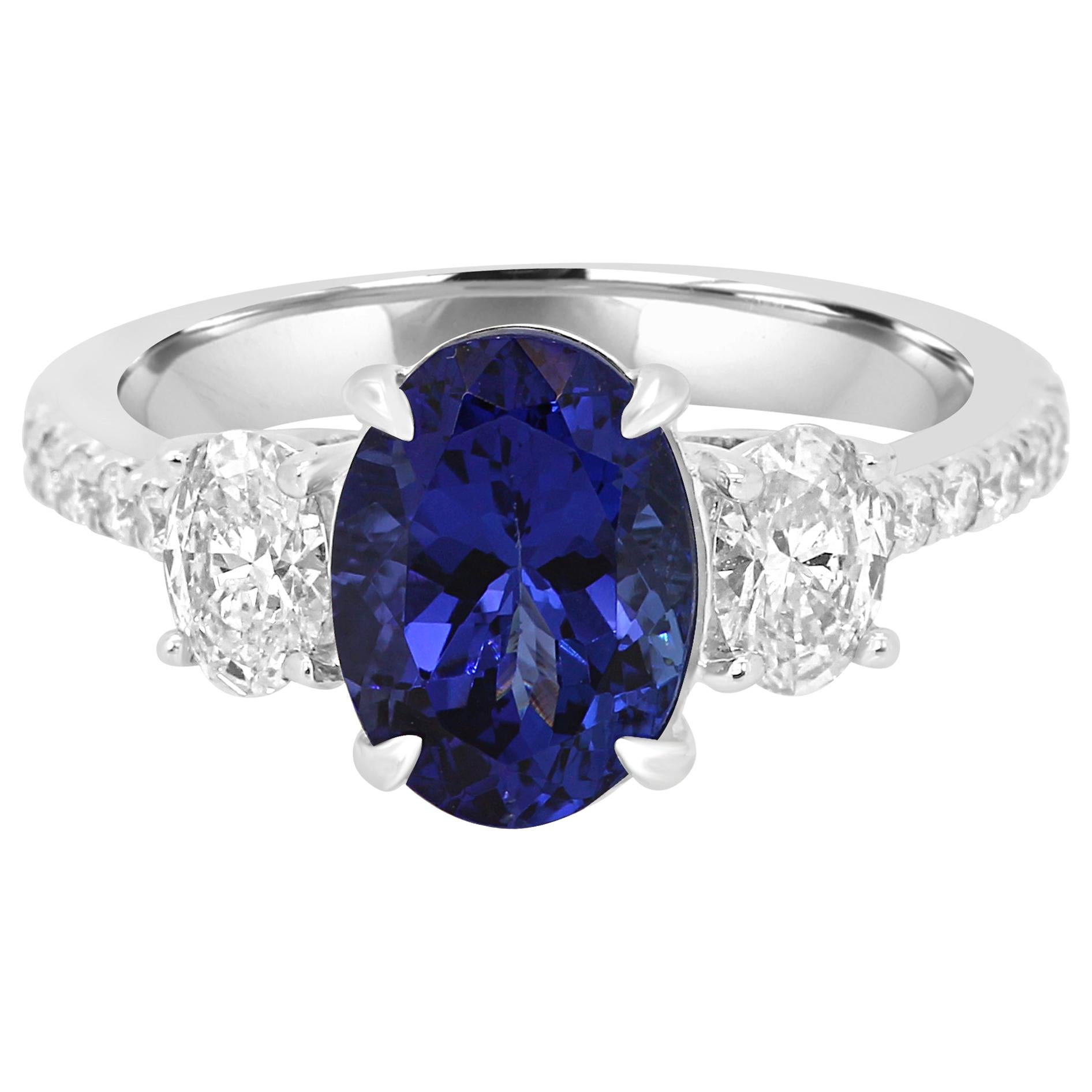 Tanzanite Oval 2.44 Carat Diamond Three-Stone Bridal Cocktail Gold Ring