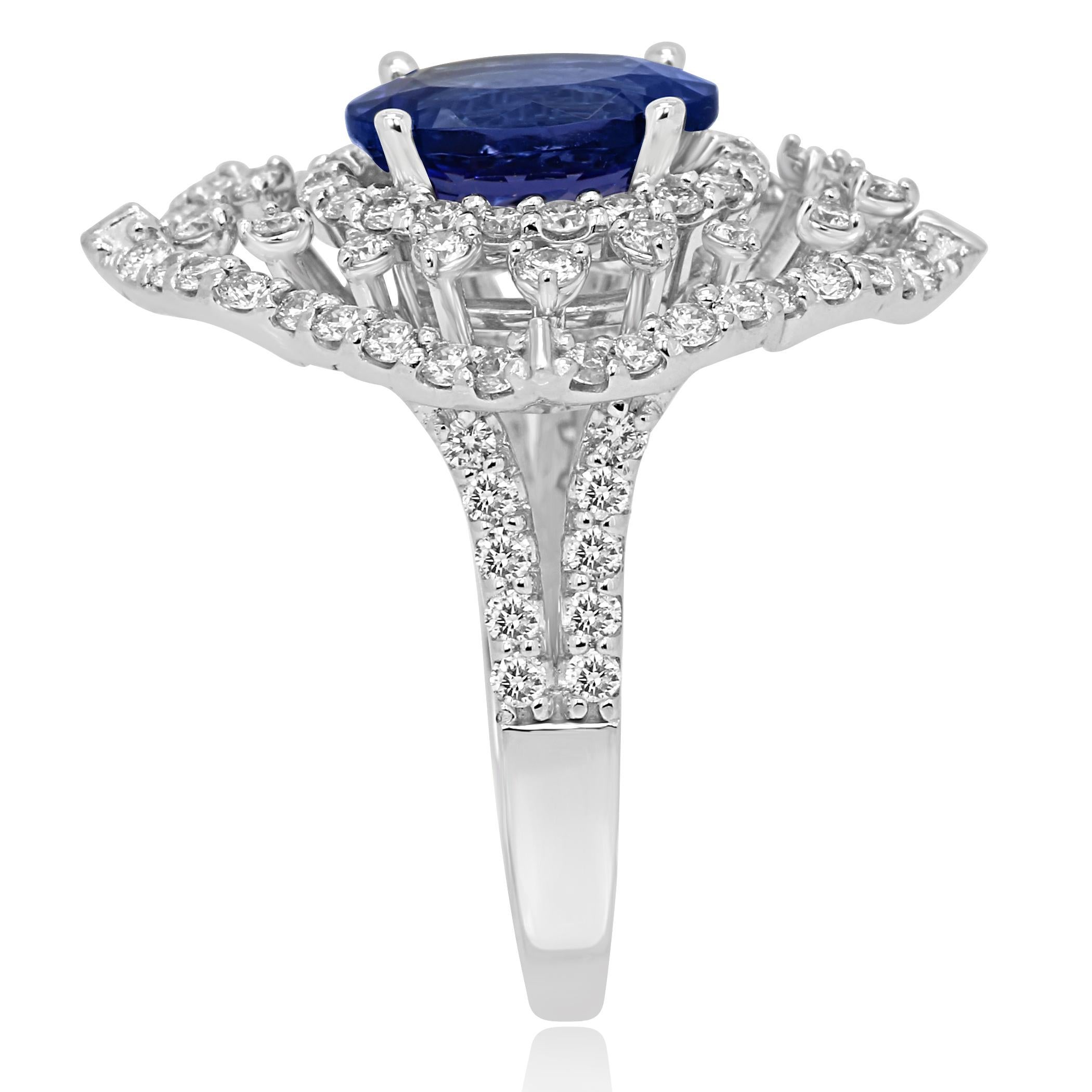 Tanzanite Oval 2.75 Carat Diamond Triple Halo White Gold Cocktail Fashion Ring In New Condition In NEW YORK, NY