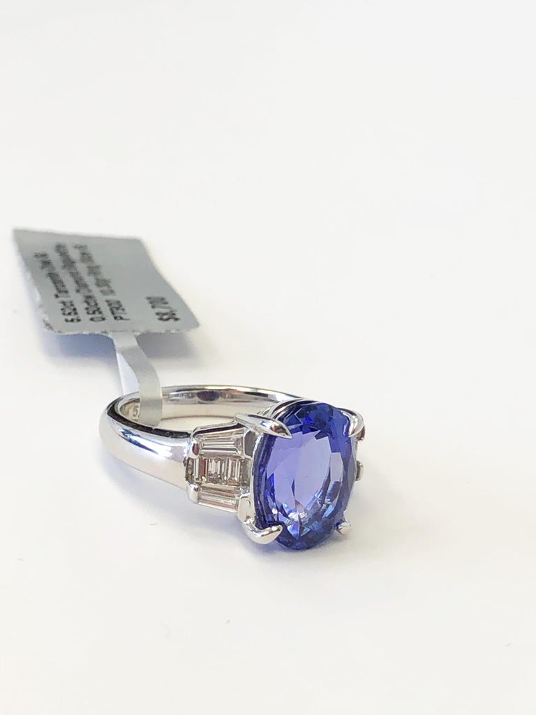 Tanzanite Oval and Diamond Baguette Cocktail Ring in Platinum at 1stDibs