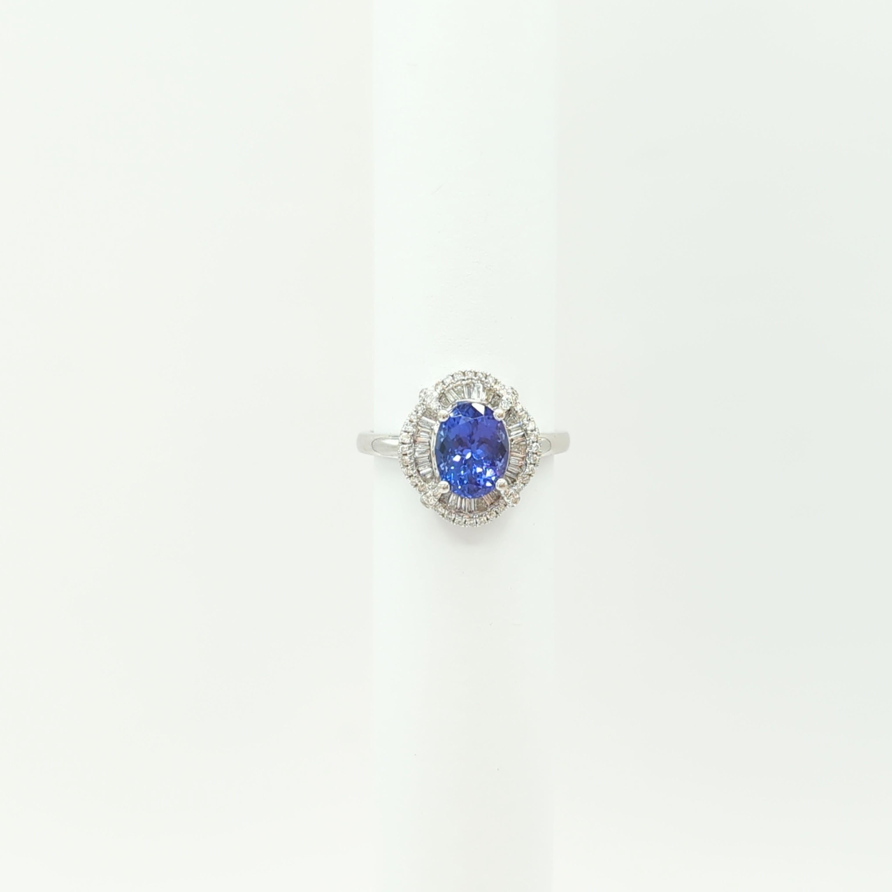 Tanzanite Oval and White Diamond Cocktail Ring in 14 Karat White Gold For Sale 1